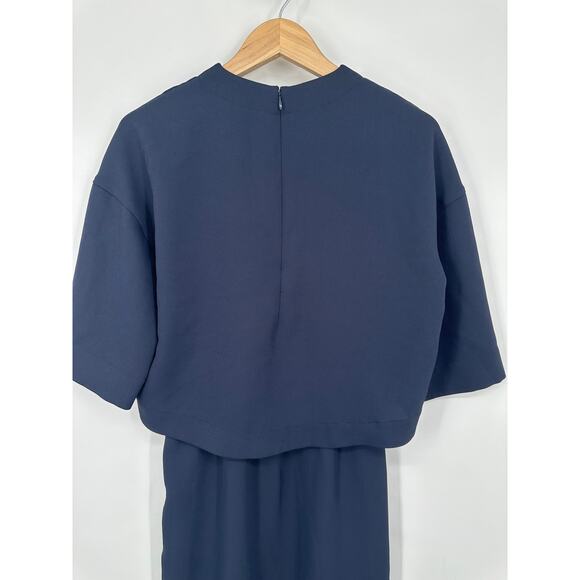COS Layered Shift Dress Twill 3/4 Sleeve Midi Sheath, Navy Blue - Picture 8 of 12